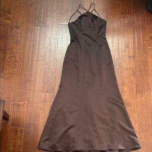 Jim Hjelm Vintage Y2K 90s Chocolate Brown Satin Formal Dress with Train, Size 4